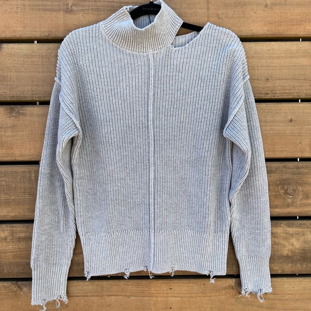 NWT Bobi Black Los Angeles Gray Knit Sweater with Distressed Hem, long sleeves.